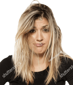 Woman with long, messy blonde hair showing a displeased expression against a transparent background.