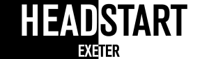Logo of HeadStart Exeter, a hairdressing salon, featuring bold typography in black and white.